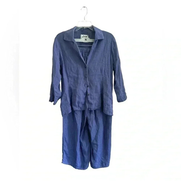 Flax Linen Purple Button Up Women's 2 Piece Set Wide Leg Pull On Pants - Picture 1 of 16
